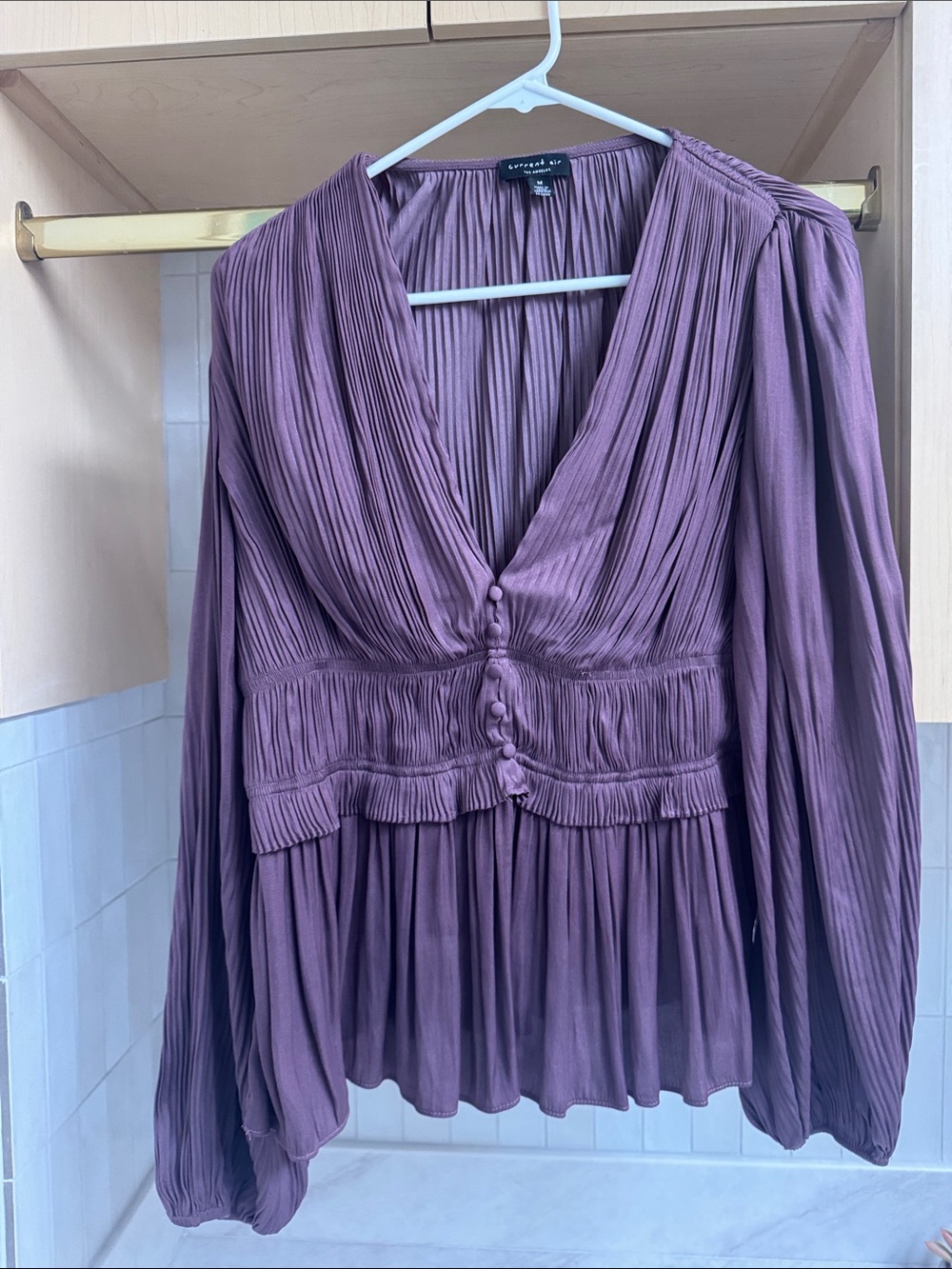 Current/Air Pleated V-Neck Blouse in Mauve Purple